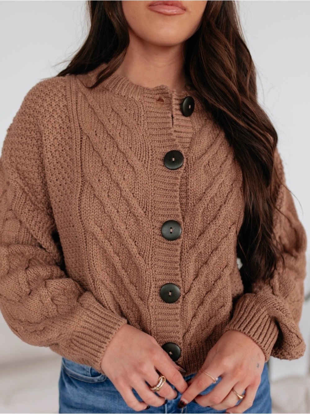Panache Chunky Cable Knit Cardigan in Brown